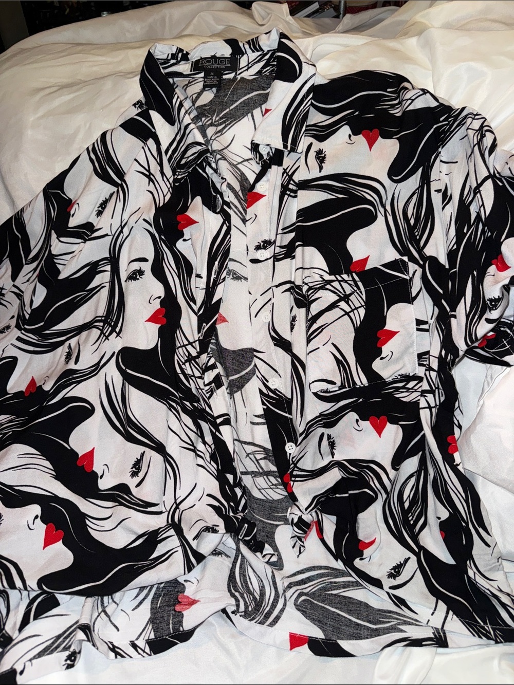 Rouge Ladies Graphic Face Print Button-Up Shirt — Black, White & Red-2X